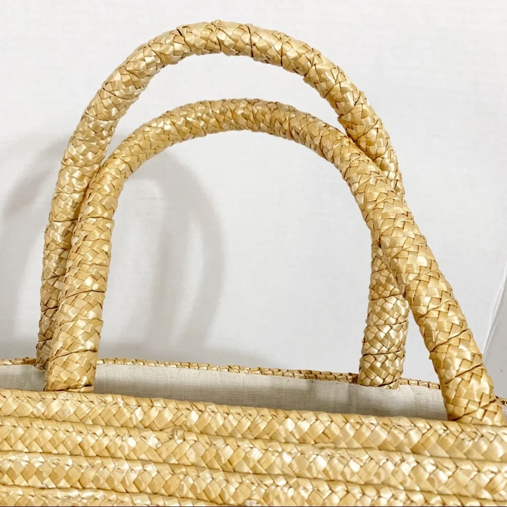Unbranded Multi Colored Woven Striped Straw Bag Top Hand Fully Lined Oval Shaped